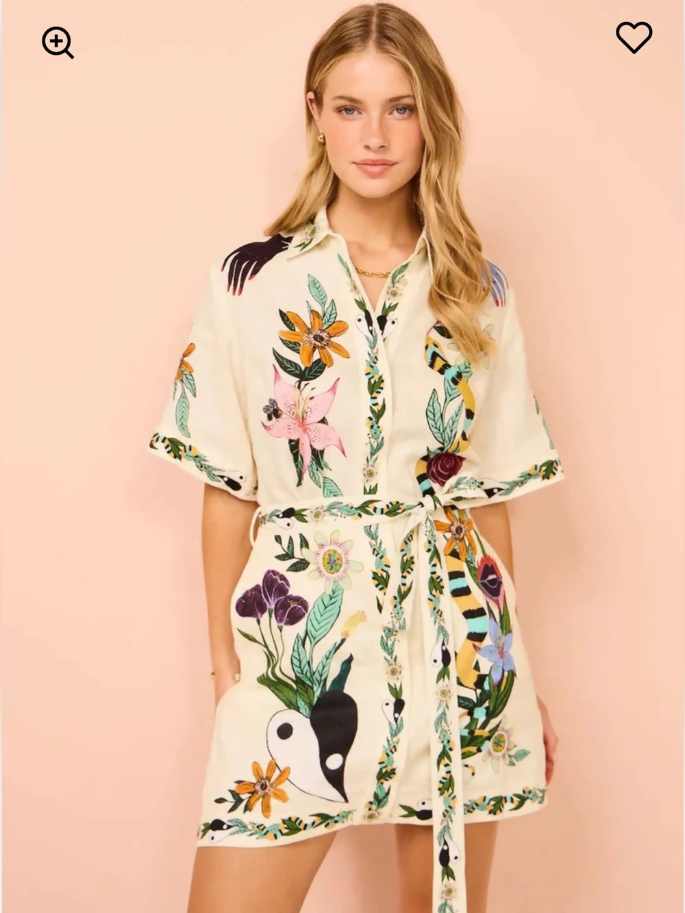 Cream Floral & Yin Yang Button-Up Mini Dress XL